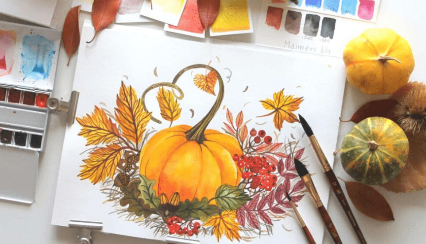 Painting a pumpkin with watercolors